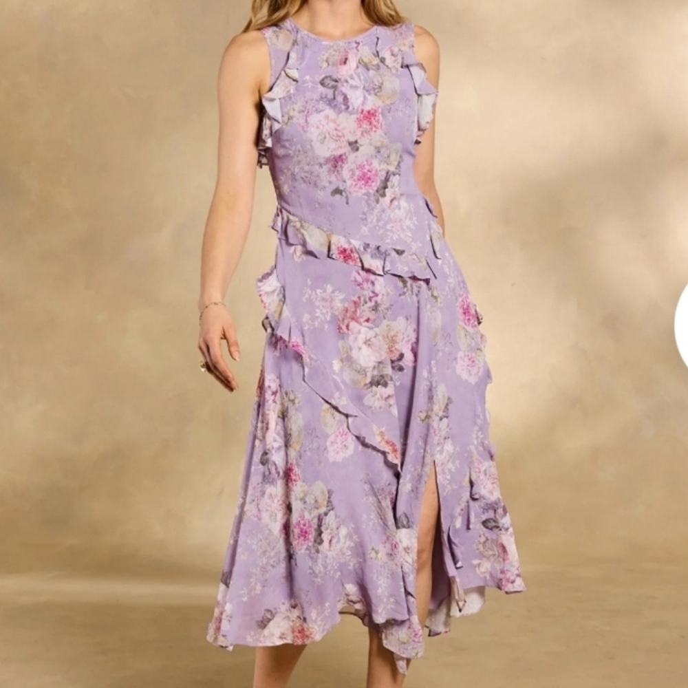 Sundance Faye Lilac Floral Midi Dress Size L Cottagecore Ruffle Asymetric Boho - Picture 4 of 14